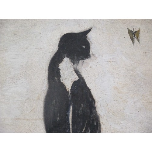 165 - MID 20TH CENTURY ACRYLIC PAINTING ON BOARD OF A CAT AND BUTTERFLY IN BLACK FRAME - 52CM X 43CM