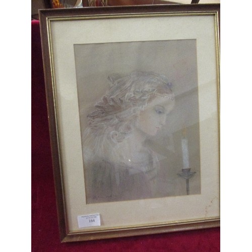 164 - PENCIL & CRAYON DRAWING OF YOUNG LADY WITH CANDLE - SIGNED SYLVIA MEEK '93 - 30CM X 38CM