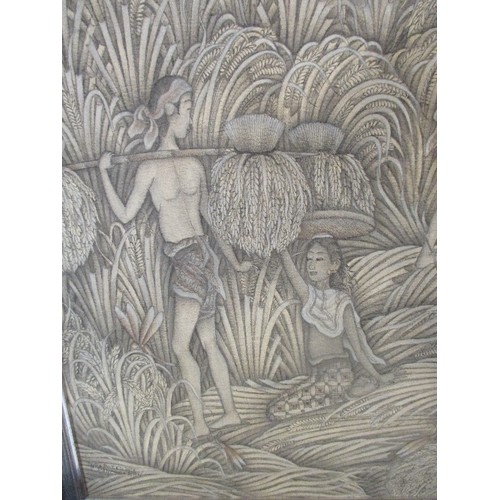 156 - 20TH CENTURY BALINESE PANGOSEKAN PAINTING OF HARVESTERS - ON FABRIC -  SIGNED BY THE ARTIST NYRE POT... 