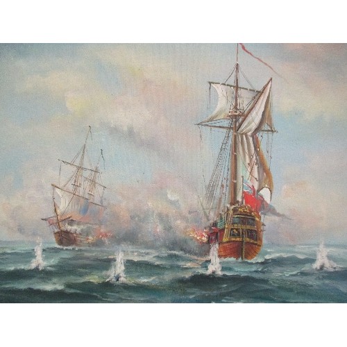 150 - 20TH CENTURY OIL PAINTING ON CANVAS OF A SEA BATTLE IN GILT FRAME - 48CM X 38CM