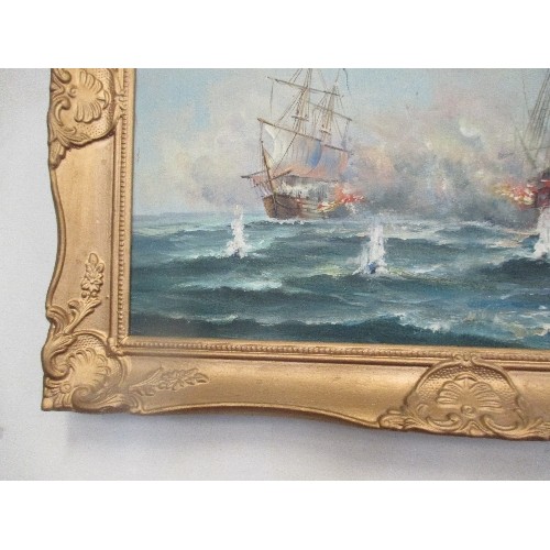 150 - 20TH CENTURY OIL PAINTING ON CANVAS OF A SEA BATTLE IN GILT FRAME - 48CM X 38CM