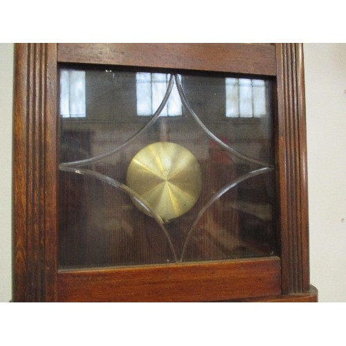 350 - 1930'S OAK CASED WALL CLOCK, THE SILVERED DIAL WITH ARABIC NUMERALS - WITH ETCHED GLASS  PANEL - CHI... 