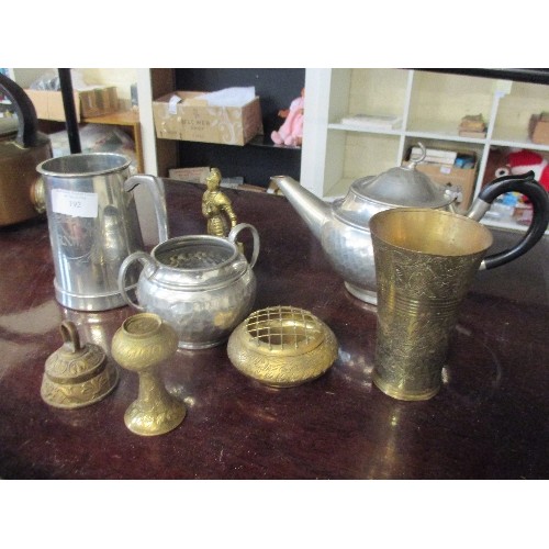 192 - SELECTION OF VINTAGE METALWARE INCLUDING PEWTER TEAPOT & SUGAR BOWL, INDIAN BRASSWARE, A KING'S SHIL... 