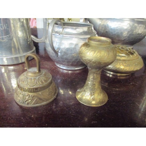 192 - SELECTION OF VINTAGE METALWARE INCLUDING PEWTER TEAPOT & SUGAR BOWL, INDIAN BRASSWARE, A KING'S SHIL... 