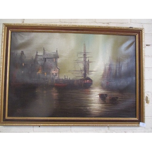 153 - ATMOSPHERIC 20TH CENTURY OIL ON CANVAS OF SHIPS IN A MOONLIT PORT - SIGNED 