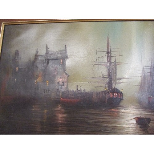 153 - ATMOSPHERIC 20TH CENTURY OIL ON CANVAS OF SHIPS IN A MOONLIT PORT - SIGNED 