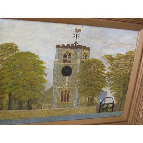 155 - 20TH CENTURY OIL PAINTING ON BOARD OF HOLY TRINITY CHURCH, GEDNEY HILL - IN VICTORIAN HEAVY GILT FRA... 