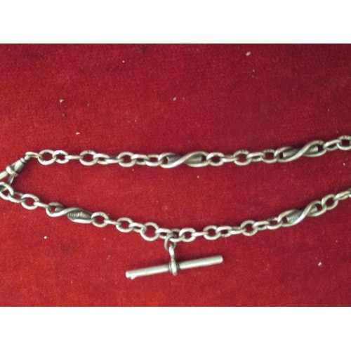 35 - VICTORIAN SILVER ALBERT CHAIN WITH T BAR - UNUSUAL SPRING STYLE LINKS - 29 GRAMS