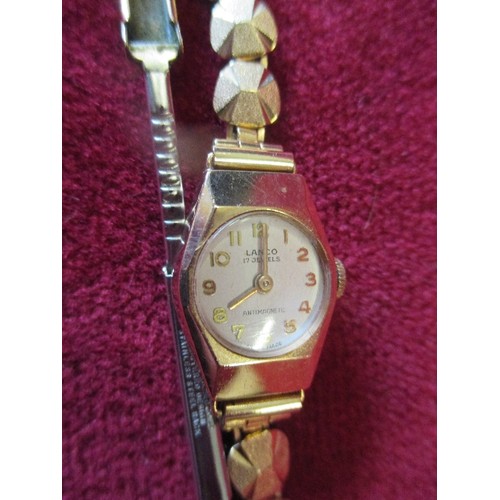 71 - LANCO SWISS MADE  17 JEWELS LADIES 9CT GOLD WATCH WITH GOLD PLATED STRAP