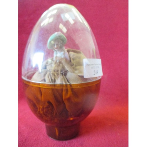 248 - 1930'S PORCELAIN PINCUSHION DOLL WITH LEGS AND ORIGINAL PINCUSHION DRESS - IN AN EGG SHAPED BOX