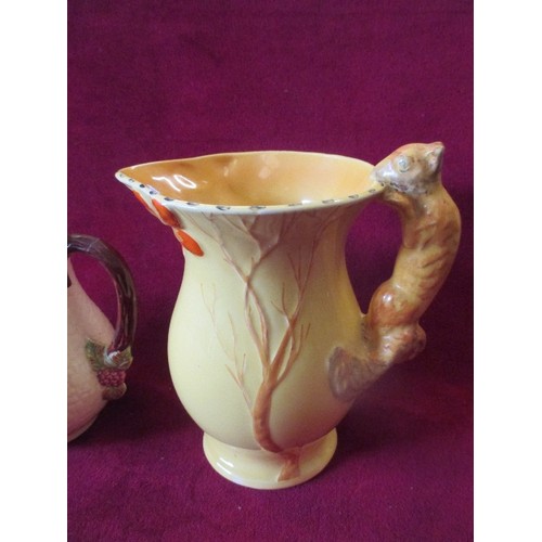 2 - ART DECO BURLEIGH WARE SQUIRREL JUG IN BRIGHT YELLOW AND ORANGE TOGETHER WITH LARGE AND SMALL WADE 