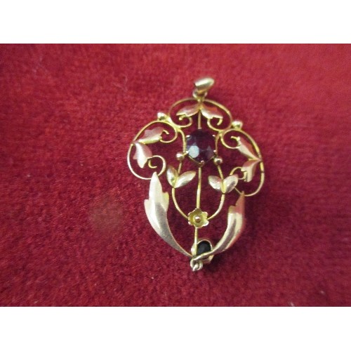 69 - EDWARDIAN ART NOUVEAU STYLE 9CT GOLD PENDANT SET WITH CENTRAL GARNET AND GARNET DROP- MARKED 9CT TO ... 