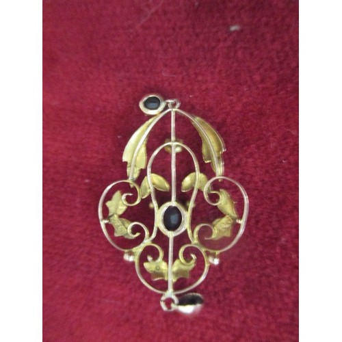 69 - EDWARDIAN ART NOUVEAU STYLE 9CT GOLD PENDANT SET WITH CENTRAL GARNET AND GARNET DROP- MARKED 9CT TO ... 