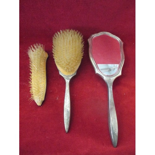 42 - STERLING SILVER DRESSING TABLE SET, A MIRROR, HAIRBRUSH AND CLOTHES BRUSH, BIRMINGHAM 1966, ENGINE T... 