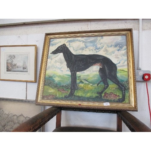 189 - LARGE 20TH CENTURY OIL PAINTING ON CANVAS OF A BLACK GREYHOUND AGAINST A HILLY LANDSCAPE - SIGNED 