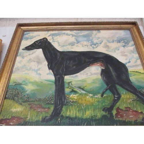 189 - LARGE 20TH CENTURY OIL PAINTING ON CANVAS OF A BLACK GREYHOUND AGAINST A HILLY LANDSCAPE - SIGNED 