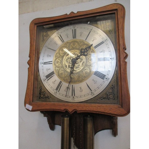 357 - UNUSUAL 20TH CENTURY WEST GERMAN WEIGHT DRIVEN CLOCK WITH UNUSUAL SQUARE CARVED OAK FACE - MOVEMENT ... 