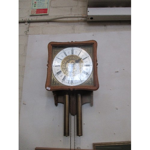 357 - UNUSUAL 20TH CENTURY WEST GERMAN WEIGHT DRIVEN CLOCK WITH UNUSUAL SQUARE CARVED OAK FACE - MOVEMENT ... 