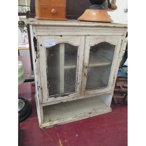 406 - A WELL MADE VICTORIAN PAINTED PINE SPICE CUPBOARD OR SMOKERS CABINET, THE GLAZED DOORS WITH ARCHED T... 