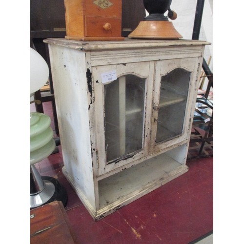 406 - A WELL MADE VICTORIAN PAINTED PINE SPICE CUPBOARD OR SMOKERS CABINET, THE GLAZED DOORS WITH ARCHED T... 