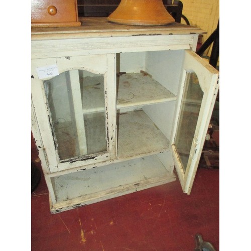 406 - A WELL MADE VICTORIAN PAINTED PINE SPICE CUPBOARD OR SMOKERS CABINET, THE GLAZED DOORS WITH ARCHED T... 