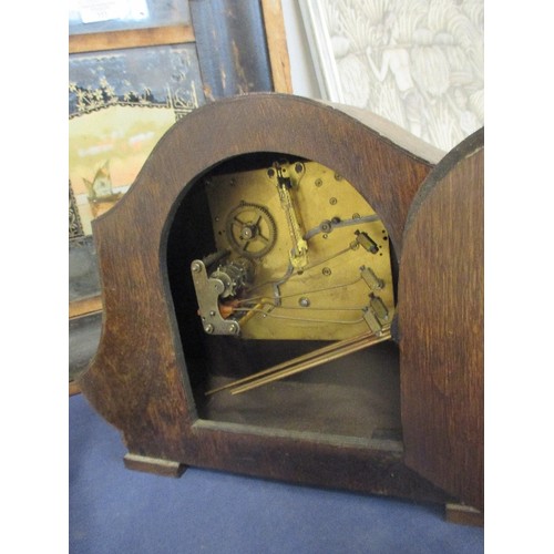 354 - 1940'S OAK VENEERED CASE MANTEL CLOCK WITH TASSEL MOULDING- WESTMINSTER CHIME - LACKING PENDULUM & K... 