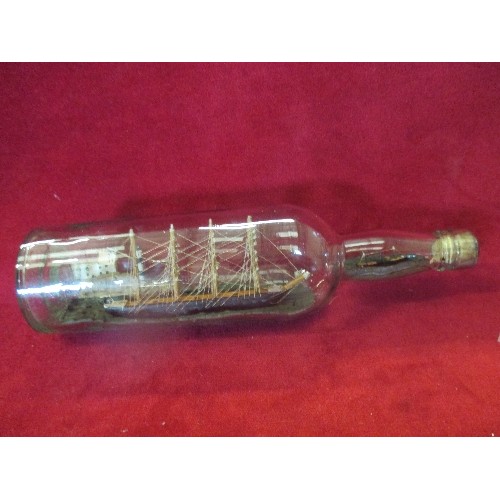 176 - MID 20TH CENTRURY HAND BUILT SHIP IN A BOTTLE WITH A SMALLER SHIP IN THE NECK TOGETHER WITH AN UNUSU... 