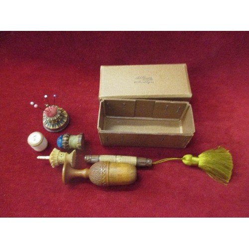 117 - 19TH CENTURY SEWING ITEMS INCLUDING A TUNBRIDGE WARE THREAD WAXER AND PINCUSHION, TUNBRIDGE WARE PIN... 