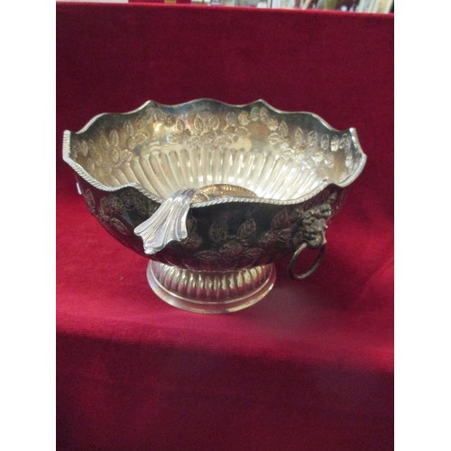 133 - GOOD QUALITY SILVER ON COPPER PUNCH BOWL WITH EMBOSSED FLOWER DESIGN AND LION HEAD HANDLES, TOGETHER... 