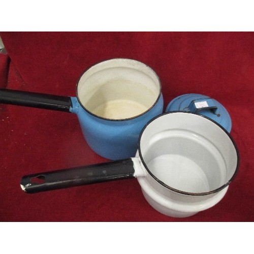 336 - VINTAGE TIN ENAMEL SAUCEPAN / STEAMER AND A FUNNEL