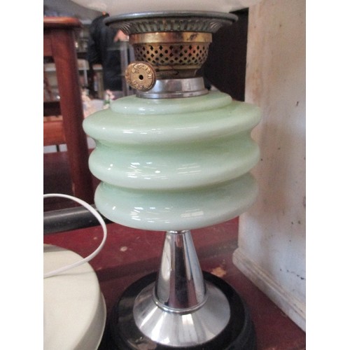 200 - 1920'S ART DECO PARAFFIN LAMP ON CHROME COLUMN, BLACK CERAMIC BASE, WITH PALE GREEN FONT, WHITE GLOB... 