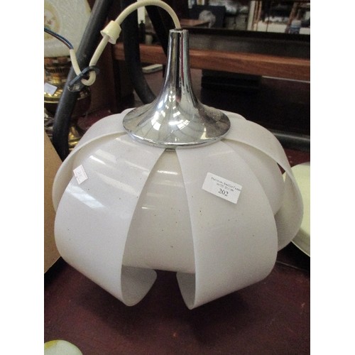 202 - RETRO 1970'S STYLE PENDANT LIGHT - WHITE PERSPEX AND CHROME PLATED