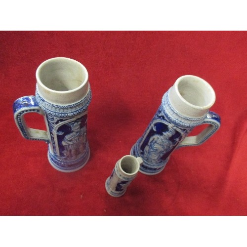 247A - 3 EARLY 20TH CENTURY WESTERWALD STONEWARE BEER STEINS BY S P GERZ, THE LARGER PAIR DEPICTING MINERVA... 