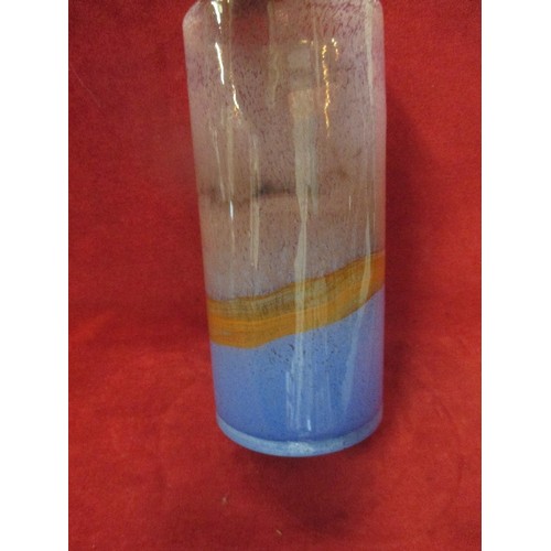 272 - LARGE MODERNIST STYLE GLASS VASE WITH HORIZONTAL BANDS OF FLECKED COLOUR IN BLUE, ORANGE AND PURPLE ... 