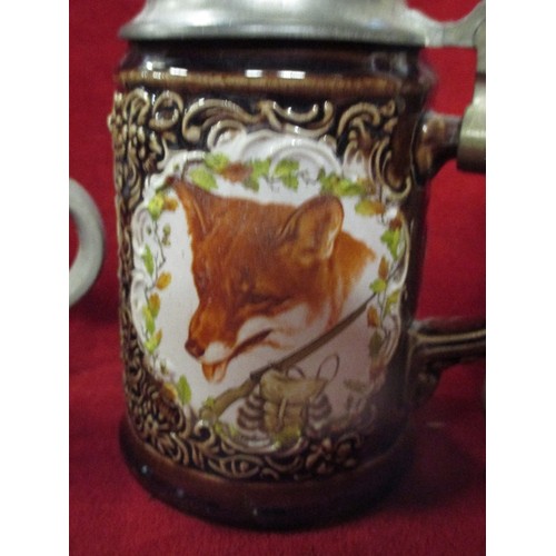 247 - 4 GOOD EARLY & MID 20TH CENTURY STONEWARE BEER STEINS INCLUDING A HUNTING STEIN BY MARZI & REMY DEPI... 