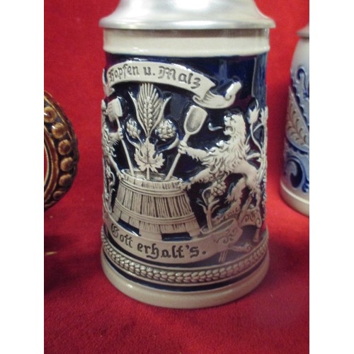 247 - 4 GOOD EARLY & MID 20TH CENTURY STONEWARE BEER STEINS INCLUDING A HUNTING STEIN BY MARZI & REMY DEPI... 