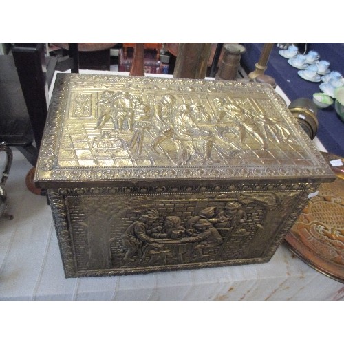 196 - VINTAGE BRASS COAL OR LOG BOX EMBOSSED WITH TAVERN SCENES