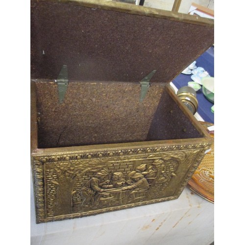 196 - VINTAGE BRASS COAL OR LOG BOX EMBOSSED WITH TAVERN SCENES