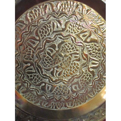 197 - 2 X EARLY / MID 20TH CENTURY EMBOSSED BRASS TRAYS ONE WITH UNUSUAL DESIGN OF SEA CREATURES - PROBABL... 