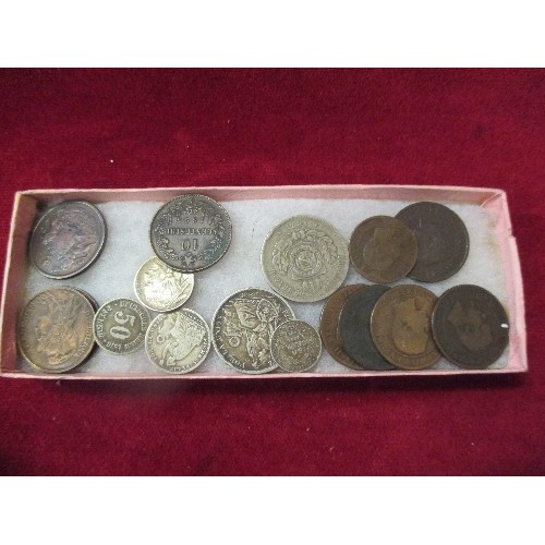 81 - INTERESTING COLLECTION OF MOSTLY 19TH CENTURY FOREIGN COINS, SOME SOLID SILVER. INCLUDES 1/5 SOL PER... 