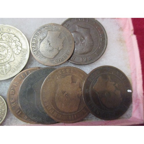 81 - INTERESTING COLLECTION OF MOSTLY 19TH CENTURY FOREIGN COINS, SOME SOLID SILVER. INCLUDES 1/5 SOL PER... 