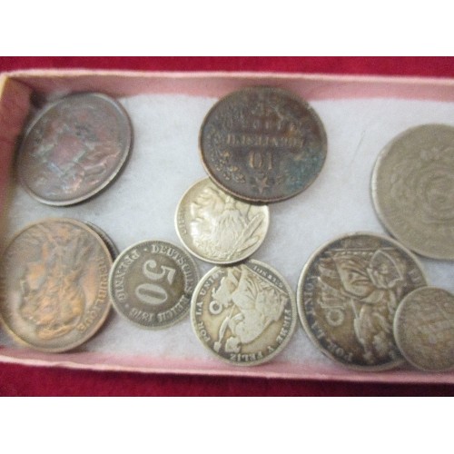 81 - INTERESTING COLLECTION OF MOSTLY 19TH CENTURY FOREIGN COINS, SOME SOLID SILVER. INCLUDES 1/5 SOL PER... 