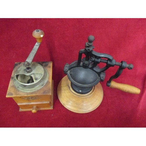 339 - MID CENTURY SQUARE SHAPED COFFEE GRINDER BY KM AND A REPRODUCTION ONE WITH TURNED BASE