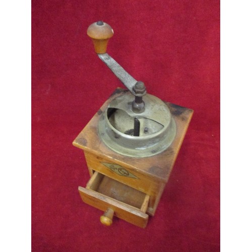 339 - MID CENTURY SQUARE SHAPED COFFEE GRINDER BY KM AND A REPRODUCTION ONE WITH TURNED BASE