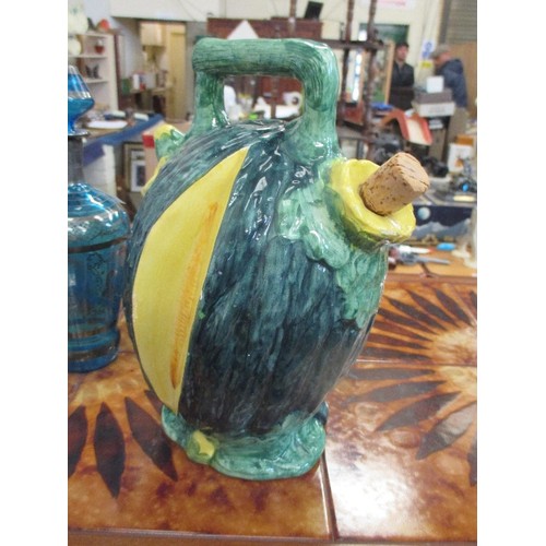 304 - MOST UNUSUAL CONTINENTAL MELON SHAPED WINE JUG, WITH CORK STOPPER -  MAJOLICA GLAZE - 30CM