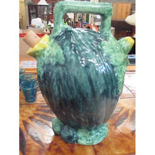 304 - MOST UNUSUAL CONTINENTAL MELON SHAPED WINE JUG, WITH CORK STOPPER -  MAJOLICA GLAZE - 30CM