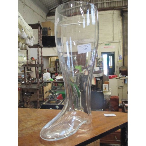 303 - LARGE BOOT SHAPED BEER GLASS / VASE - 34CM