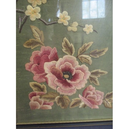 171 - EARLY 20TH CENTURY SILK EMBROIDERY OF BLOSSOM & BUTTERFLIES IN THE JAPANESE STYLE - FRAMED AND GLAZE... 