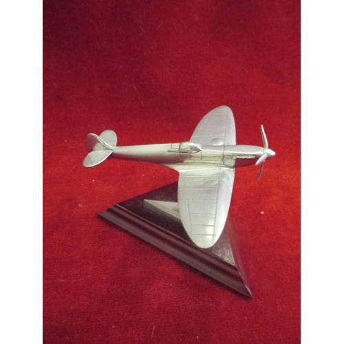 101 - SOLID PEWTER MODEL OF A SPITFIRE ON WOODEN STAND BY 