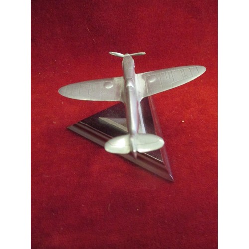 101 - SOLID PEWTER MODEL OF A SPITFIRE ON WOODEN STAND BY 